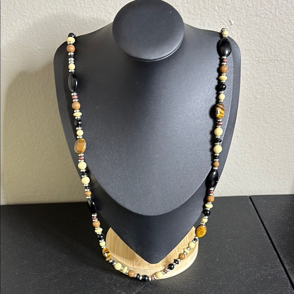 Chaps Tiger’ Eye Natural Stone Boho Long Beaded Necklace